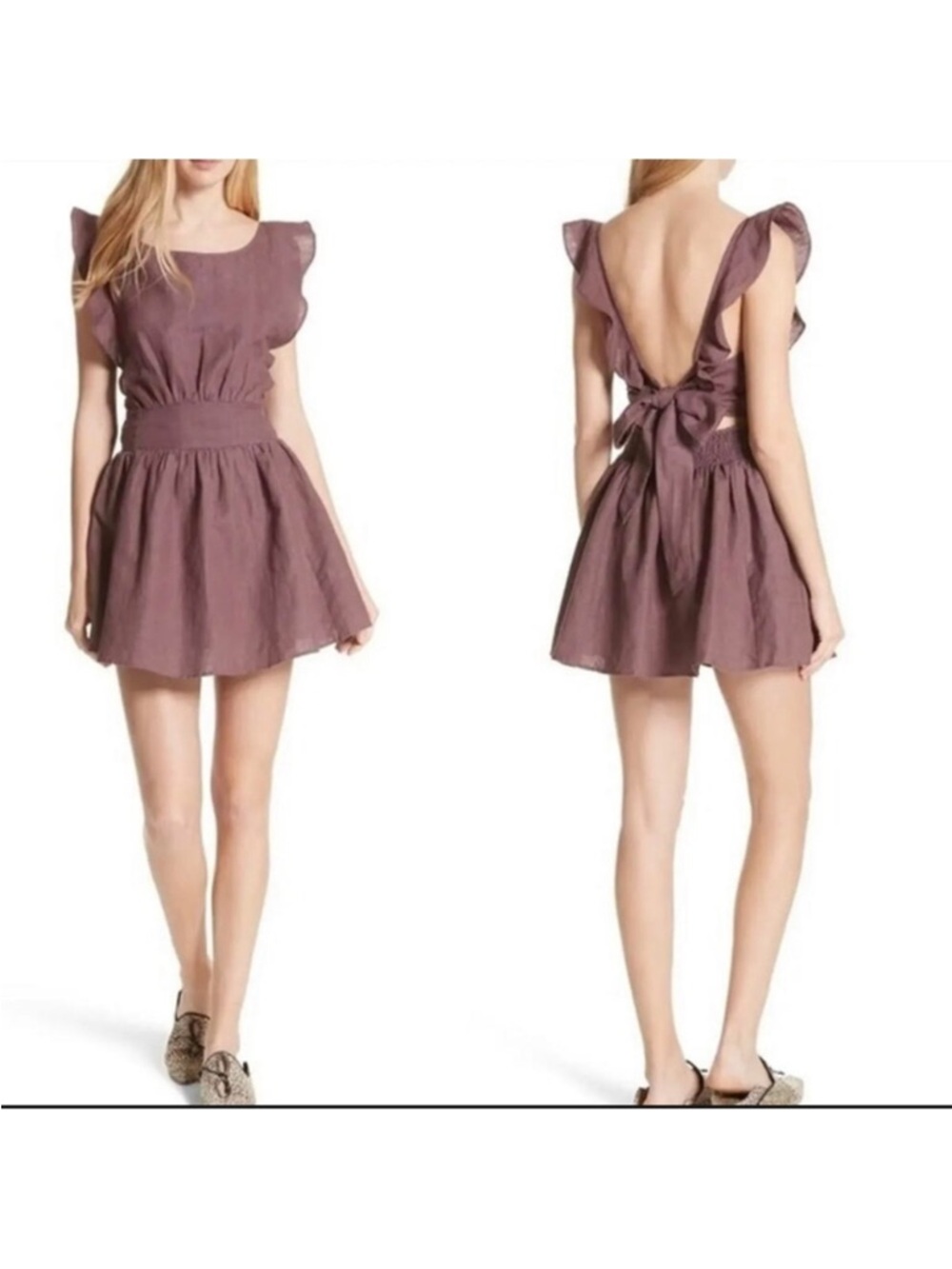 Free People Erin Skater Linen Blend Open Tie Back Mini Dress Brown Medium - Picture 3 of 9